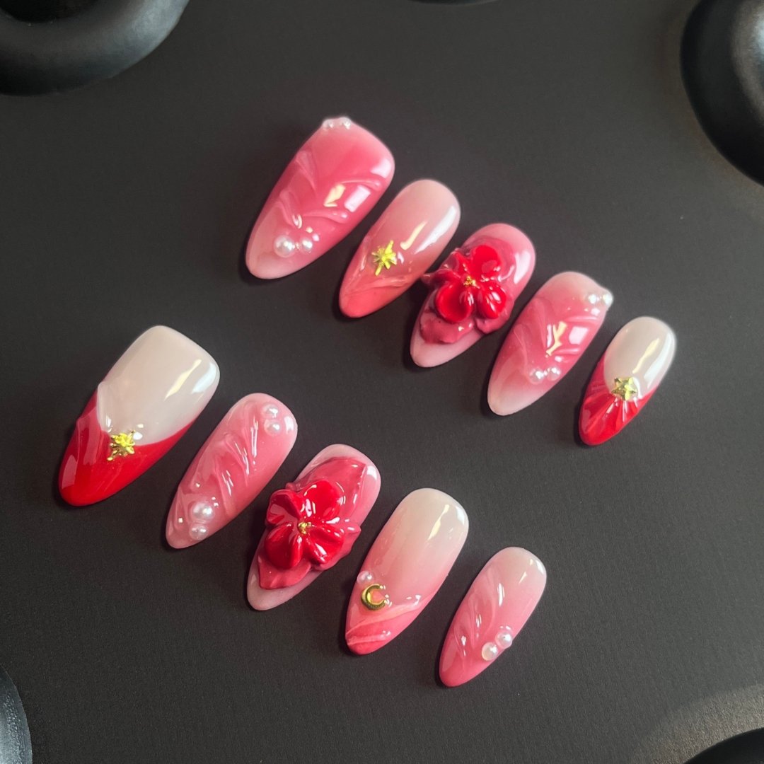 3D Flower Pink Almond Ombre Nails