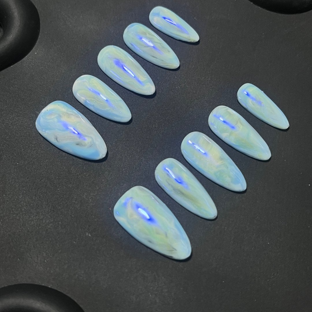 Light Blue Opal Almond Ombre Nails