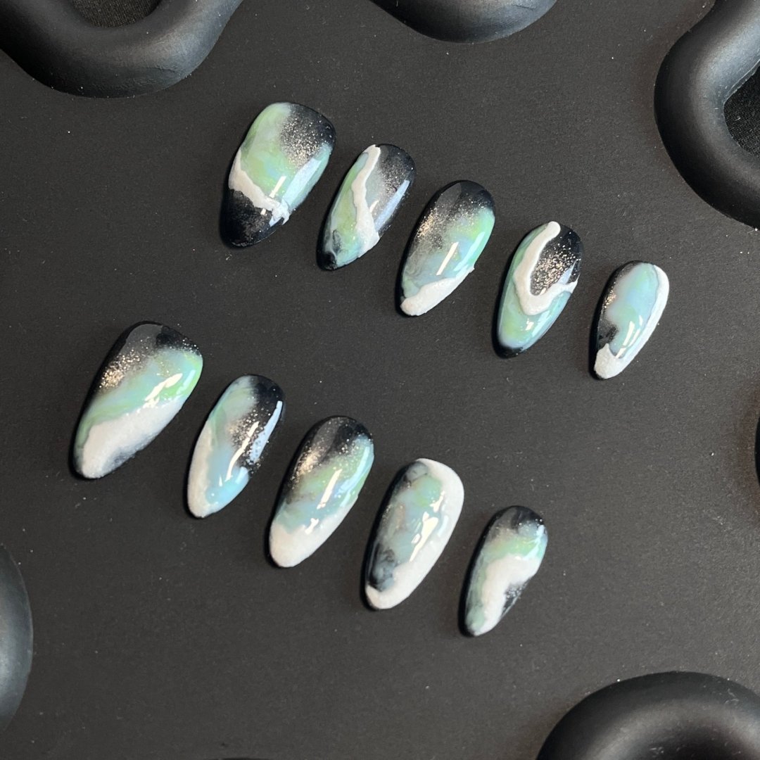 Galaxy Glitter Almond Mint Ombre Nails