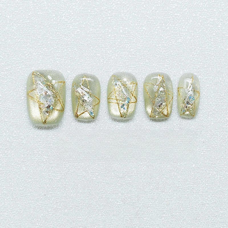 dfggk9 (1)（Opal Moon） Handcrafted Wearable Nails with Gold-edged Five-pointed Stars, Unique Cat Eye Effects, and a Brightening, Luxe Aesthetic